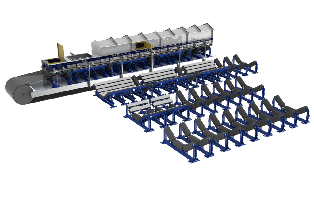 conveyor components disassembled view of a belt support and containment system