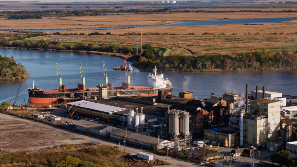 Sugar refinery aerial view without wet dust extraction or dry dust collection.